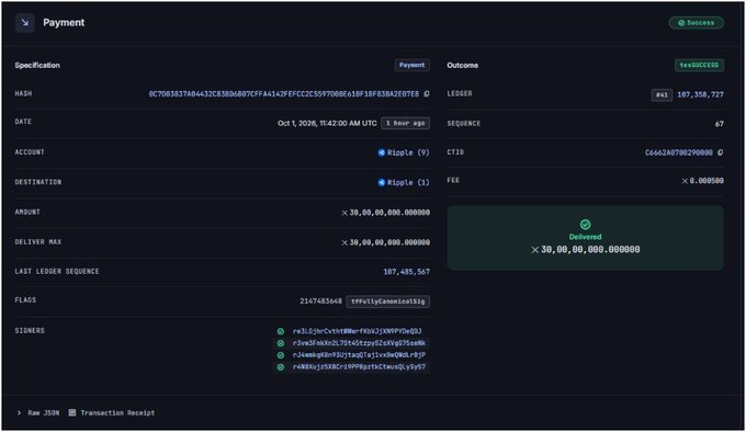 A digital payment receipt screen showing a successful transaction for 30,000,000,000 XRP delivered, dated Oct 1, 2024.