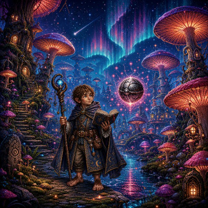 A fantasy digital artwork of a young wizard with curly hair holding a glowing staff and an open book, standing in a magical mushroom village under an aurora-filled night sky with a floating dark sphere.