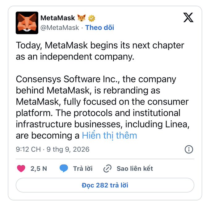 A screenshot of a tweet from the official MetaMask X account announcing that MetaMask begins its next chapter as an independent company, with Consensys Software Inc. rebranding as MetaMask, posted at 9:12 AM on September 9, 2026.