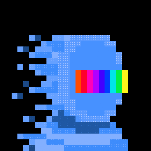 A pixel art image of a blue astronaut or character with a rainbow-striped visor against a solid black background.