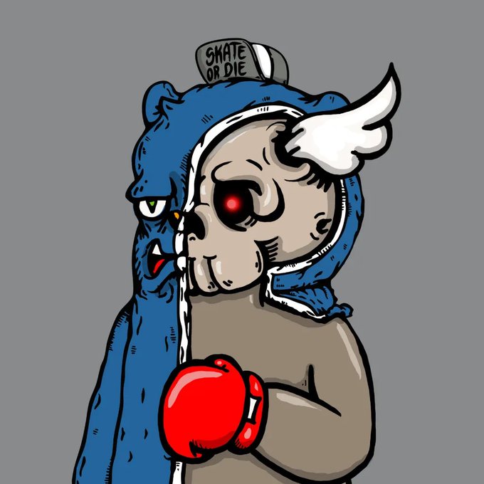 A cartoon illustration of a creepy hybrid character that is half blue teddy bear and half human skull with a glowing red eye, wearing a cap that says 'SKATE OR DIE' and red boxing gloves.
