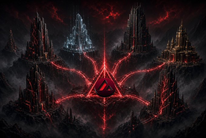 A dark, ominous digital artwork depicts multiple futuristic fortress-like structures arranged around a central glowing red triangular Avalanche (AVAX) logo, with red energy streams radiating between them—symbolizing Avalanche's subnets architecture where individual custom L1s remain interconnected to the main network's liquidity and security.

The image shows the AVAX logo and no other visible text.
