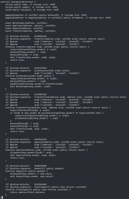 The image displays Solidity smart contract code for a "DecompiledContract," likely representing the WETH9 token implementation on Heimdall. Visible functions include `transfer`, `withdraw`, `transferFrom`, `approve`, `deposit`, and `totalSupply`, with associated selectors such as `0xa9059cbb`, `0x2e1a7d4d`, and `0x23b872dd`. The code references storage slots (e.g., `0x05`, `0x01`, `0x02`, `0x03`, `0x04`) and events like `Withdrawal`, `Approval`, `Deposit`, and `Transfer`. This decompiled view aligns with the post's mention of "weth9 on heimdall2024-nightly.d7d8985," showing the underlying contract structure of the WETH9 wrapped Ether token deployed on the Heimdall network.