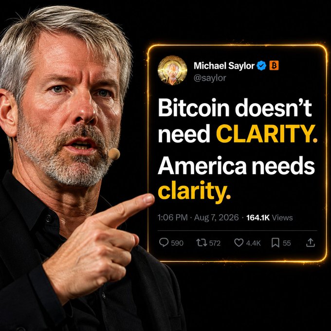 Michael Saylor pointing at a tweet that reads 'Bitcoin doesn't need CLARITY. America needs clarity.' posted at 1:06 PM on Aug 7, 2026.