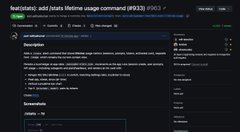 A dark-themed code editor interface displays a commit message 'feat(stats): add stats lifetime usage command [#923]' with a diff view below.
