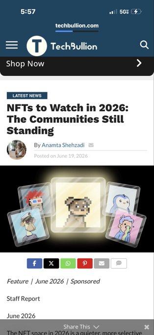 A mobile screenshot of an article on techbullion.com titled "NFTs to Watch in 2026: The Communities Still Standing" by Anamta Shehzadi, dated June 19, 2026.