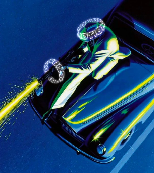 Stylized artwork of a figure in neon-lit clothing with glowing NOTION headpieces riding on a dark car against a blue background.