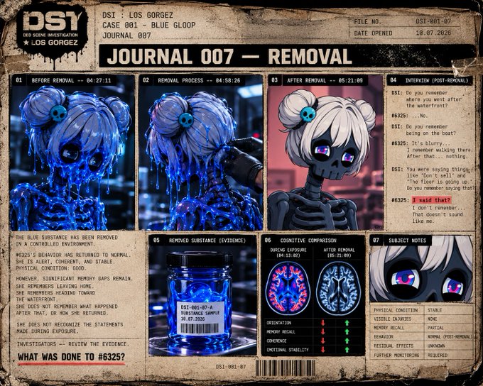 A dossier-style document titled 'JOURNAL 007 - REMOVAL' from DSI Case 001 'Los GORGEZ', Journal 007, dated 10.07.2026, detailing the removal of a blue substance from subject #6325 with before/after images and subject notes.