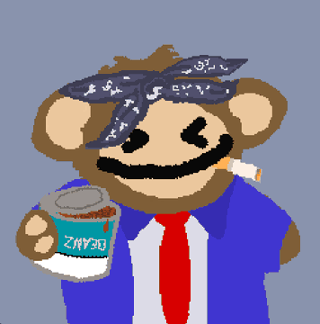A pixel art monkey wearing a blue bandana and red tie holds a coffee cup labeled "ENERGY," parodying the Bitcoin Puppets meme by playfully suggesting a group name "PEODO's" for PEPE holders.