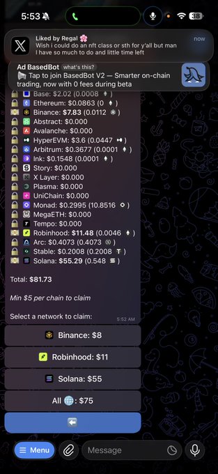 The image shows a Telegram bot called "BasedBot" that identifies free cryptocurrency airdrops available to claim across various chains, displaying a total of $81.73 in rewards including $11.48 in Robinhood, $7.83 in Binance, and $11.48 in Ethereum. The user has selected "All: $75" as their claim option, matching the post's claim of finding "$75 free" through the t.me/based_eth_bot service.