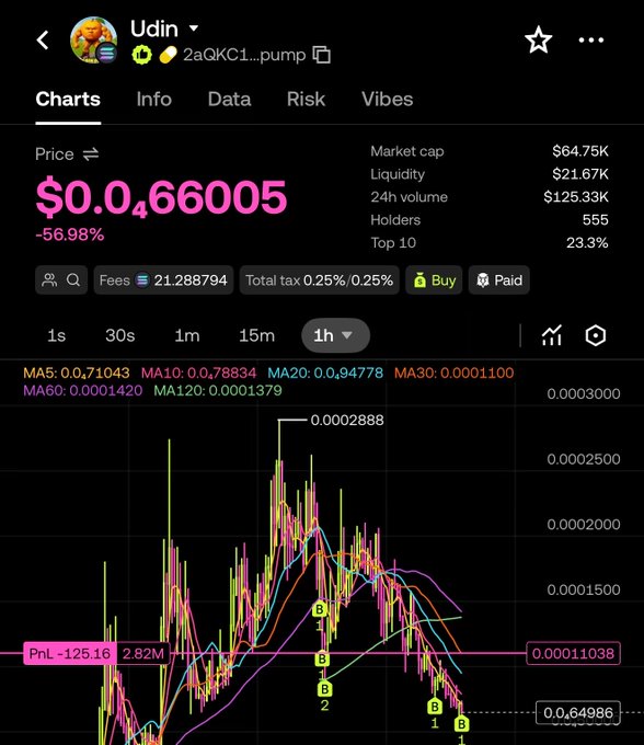 A screenshot of the $Udin (Udin) cryptocurrency token showing a price of $0.0₄66005, down 56.98%, with a market cap of $64.75K and 555 holders on what appears to be a pump.fun trading interface, despite the post's bullish sentiment about buying at these "bagworking" levels.