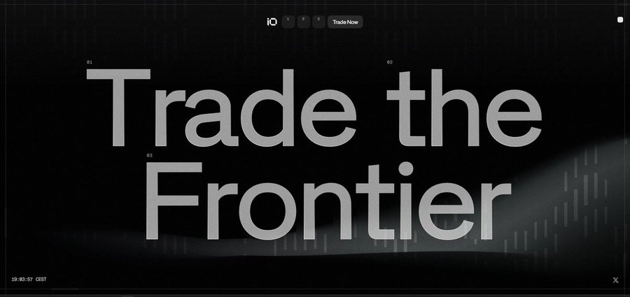 The image displays a bold, minimalist landing page featuring the large text "Trade the Frontier" against a dark background with subtle financial chart graphics, along with a "Trade Now" button and timestamp "19:03:57 CEST" in the corner—aligning with the post's discussion of a new entrant (Entropy) entering the HIP-3 perpetual futures market space previously dominated by TradeXYZ.