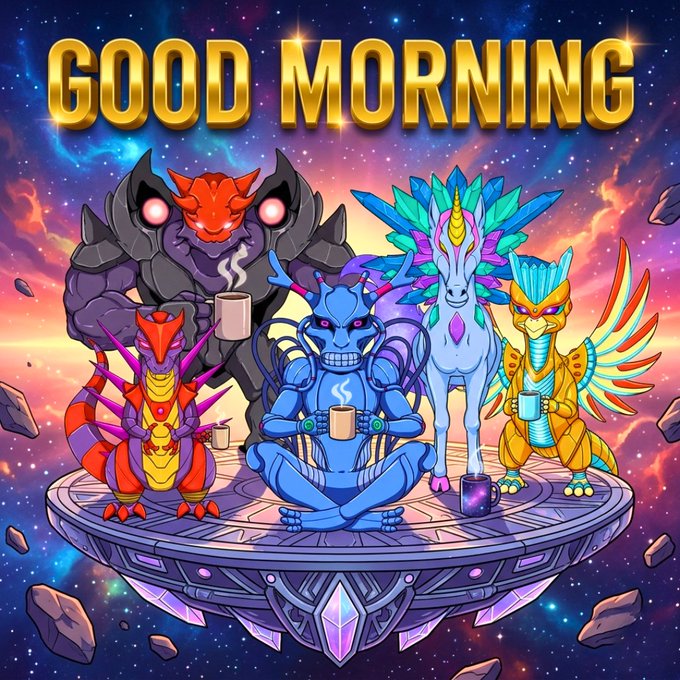 A colorful 'GOOD MORNING' illustration features cartoon dragons, a unicorn, and a meditating blue figure with a third eye, all sitting on a floating platform against a cosmic sky while holding coffee mugs.