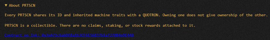 A text block titled 'About PRTSCN' explaining that every PRTSCN shares its ID with a QUOTRON, accompanied by a contract link starting with 0x3bA7...fb40.