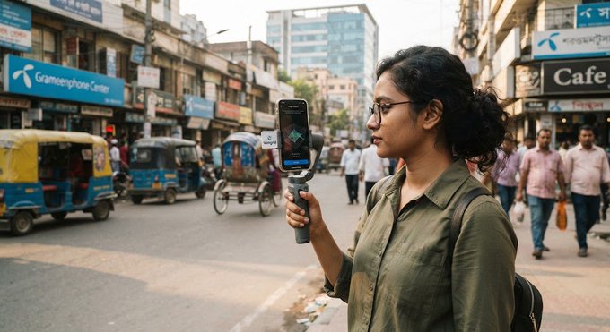 A young woman in an olive-green shirt and glasses is filming a vlog with a smartphone on a gimbal in a bustling city street, with a "Grameenphone Center" sign visible in the background.