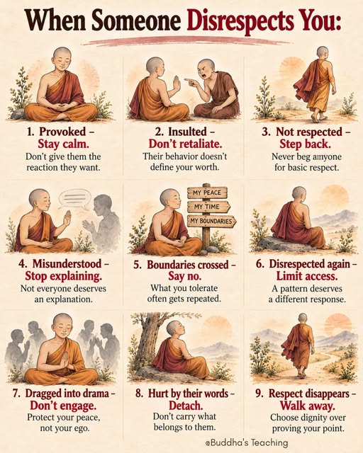 An infographic titled "When Someone Disrespects You" with 9 illustrated panels showing a monk in various situations (Provoked, Insulted, Not respected, Misunderstood, Boundaries crossed, Disrespected again, Dragged into drama, Hurt by their words, Respect disappears) with advice like "Stay calm," "Don't retaliate," "Step back," "Stop explaining," "Say no," "Limit access," "Don't engage," "Detach," and "Walk away," credited to @Buddha's Teaching.