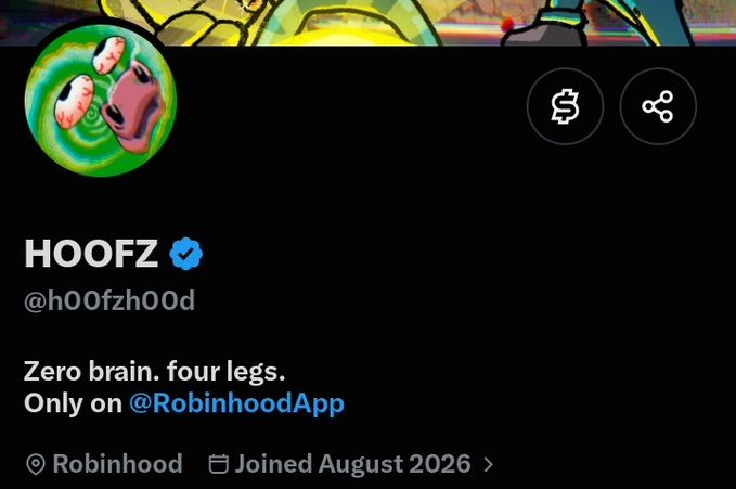 A Twitter profile for HOOFZ (@h00fzh00d), displaying a green cartoon creature with a pink tongue avatar, the bio "Zero brain. four legs. Only on @RobinhoodApp," noting they joined August 2026 and are based in Robinhood. The image relates to the post showcasing this early-stage project building on Robinhood Chain with its playful animal-themed art.