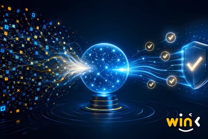 A digital illustration depicts a glowing blue globe on a pedestal emitting light streams that transform into checkmarks within a shield, symbolizing global security or verification, branded with 'win' in the corner.