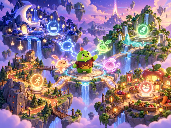 A vibrant fantasy illustration depicts a small green creature standing on a floating island surrounded by other cute mascots, waterfalls, and various themed zones including fitness, food, and nature, all set in a colorful sky filled with floating islands.
