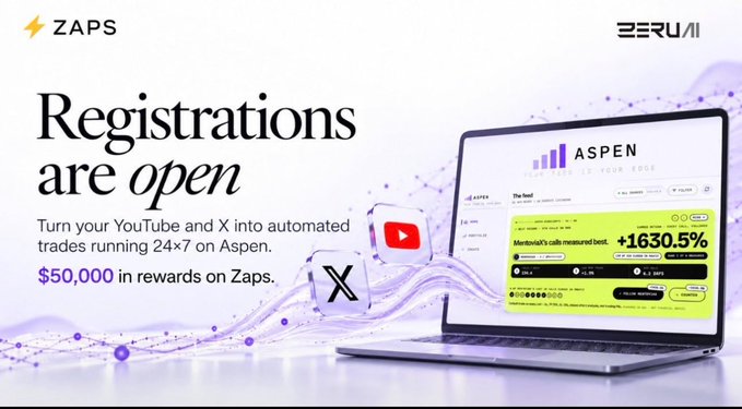 An advertisement for ZAPS reads "Registrations are open" and "Turn your YouTube and X into automated trades running 24x7 on Aspen," offering "$50,000 in rewards." The ZERUI and ASPEN logos are also visible.