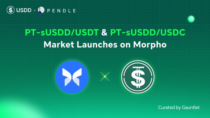 The image features a green background with white text that reads "PT-sUSDD/USDT & PT-sUSDC Market Launches on Morpho". The text also includes the names of two companies, "@pendle_fi" and "@gauntlet_xyz", which are likely to be related to the cryptocurrency market. The image is accompanied by a green butterfly logo in the bottom right corner.