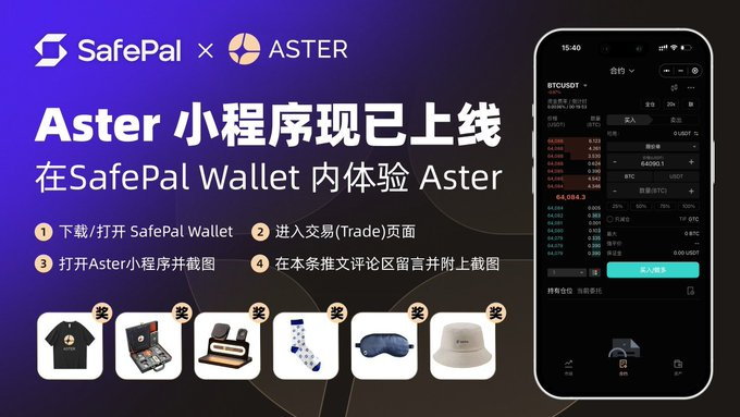 A promotional banner for the SafePal × Aster collaboration announces the launch of the Aster mini-program within SafePal Wallet, with instructions to download SafePal, access the Trade page, open the Aster mini-program, and screenshot the experience to win co-branded merchandise including a multi-function charger, T-shirt, poker cards, socks, eye mask, and fisherman's hat. The image shows a BTC/USDT trading interface on a mobile screen alongside the SafePal and Aster logos and prize illustrations.