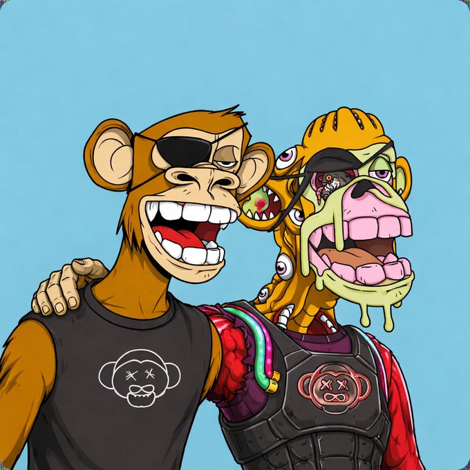 A cartoon-style illustration featuring a monkey character wearing an eyepatch and black t-shirt alongside a grotesque, melting ape-like creature wearing tactical gear, with logos resembling the Bored Ape Yacht Club NFT collection.