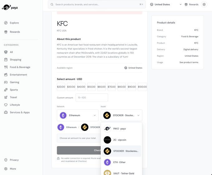 A screenshot of the 'payz' platform showing a KFC USA gift card purchase page, with options to select an amount in USD and a network dropdown displaying various cryptocurrencies including Ethereum, STOKER, ZC, ETH, and XAUT.