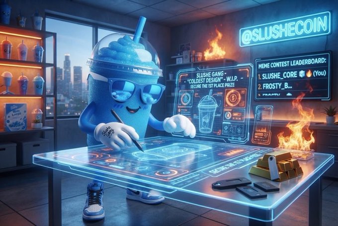 A blue slushie mascot character wearing sunglasses and sneakers works at a futuristic holographic desk, designing a cup for a meme contest. The neon-lit scene includes a '@SLUSHECOIN' sign and a 'MEME CONTEST LEADERBOARD' with 'SLUSHE_CORE' in first place.
