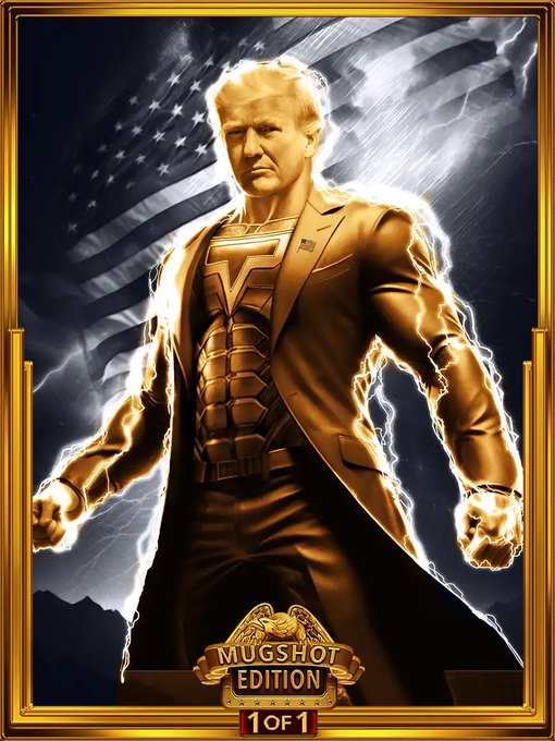 A gold-toned digital artwork depicts a muscular figure in a superhero-style suit with an American flag backdrop, captioned "MUGSHOT EDITION 1 OF 1," referencing Donald Trump's recent mugshot and his promotion of his NFT collection. The accompanying post humorously suggests Trump is being urged to "pump Ordinals" (Bitcoin-based NFTs) on behalf of his son Barron, tying into the image's collectible NFT aesthetic.