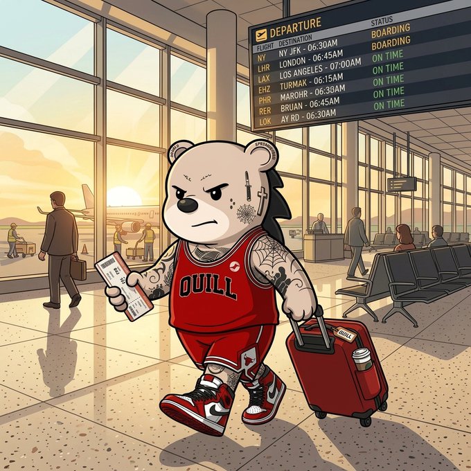 An illustration of a tattooed bear wearing a red basketball jersey with the text 'OUILL', pulling a red suitcase and holding a boarding pass in an airport terminal with a departure board showing flights to JFK, London, LA, Turkey, Marokh, Bruan, and Ay Rd.