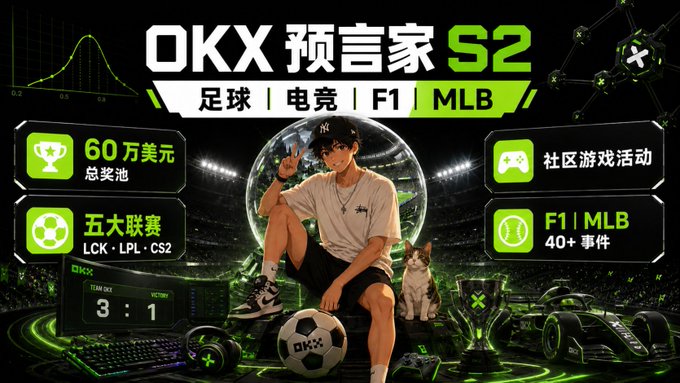 A promotional banner for 'OKX 预言家 S2' featuring a young man in athletic wear with a soccer ball, a cat, and various gaming elements, advertising football, esports, F1, and MLB events with a $600,000 prize pool.