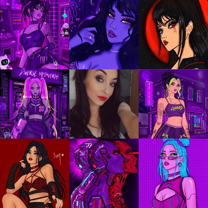 A 3x3 collage of anime-style and digital artwork featuring various female characters with dark hair, purple and red color schemes, including text like 'VIVERSE METAVERSE' and 'CHAOS'.