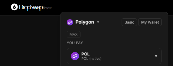 A screenshot of the DropSwap cryptocurrency exchange interface showing a Polygon wallet option with POL (native) token selected for payment.