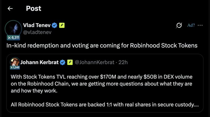 A screenshot of a social media post by Vlad Tenev (@vladtenev) quoting Johann Kerbrat (@JohannKerbrat) about Robinhood Stock Tokens, mentioning in-kind redemption and voting, with TVL reaching over $170M and nearly $50B in DEX volume.