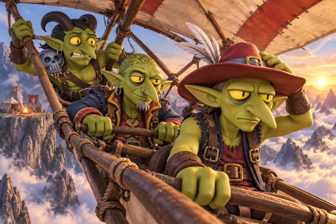 A fantasy digital artwork showing three green goblin-like creatures with pointed ears riding in a wooden flying contraption high in the sky at sunset.