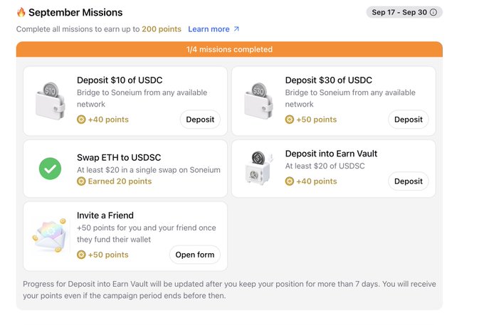 A September Missions page showing completed tasks including 'Swap ETH to USDC' for 20 points, with options to deposit USDC and invite a friend for additional rewards.