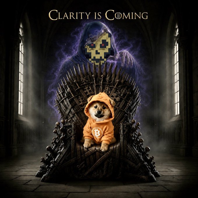 A Shiba Doge (DOGE) character wearing a Bitcoin hoodie sits on a Game of Thrones-style throne with the text 'CLARITY IS COMING' above.