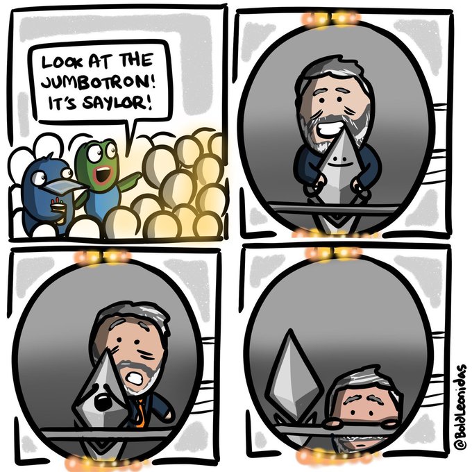 A cartoon comic by Baldemcides shows two crowd members pointing at a jumbotron saying "LOOK AT THE JUMBOTRON! IT'S SAYLOR!" while Saylor is shown on screen using a Bitcoin logo to repeatedly bonk himself on the head, illustrating how crypto enthusiasts overwhelmingly celebrate Saylor's Bitcoin buys while largely overlooking Ethereum, as referenced in the post's joke about Ethereum feeling "invisible."