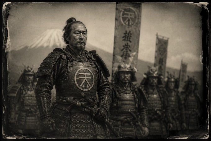 A sepia-toned, vintage-style photograph shows a Japanese samurai in ornate armor standing before an army of similarly armored soldiers and banners, with Mount Fuji visible in the background.