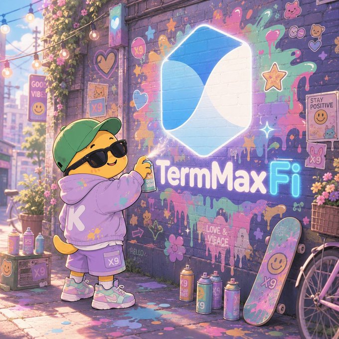 A cartoon dog in a purple hoodie and green cap spray-paints a colorful mural on a brick wall, creating a glowing "TermMax Fi" logo surrounded by hearts, smiley faces, and "X9" tags, with a skateboard and spray cans scattered nearby. The street art aesthetic mirrors the post's theme of TermMaxFi evolving from a simple lending product into foundational DeFi infrastructure through expanding collateral support.