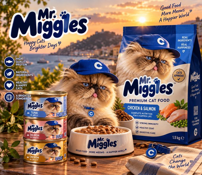 A promotional advertisement for 'Mr. Miggles Premium Cat Food' featuring a Persian cat wearing a blue baseball cap, with cans of Tuna in Jelly, Salmon in Sauce, and Chicken in Gravy, alongside a bag of Chicken & Salmon dry food, tagged with 'Good Food. More Meows. A Happier World.'