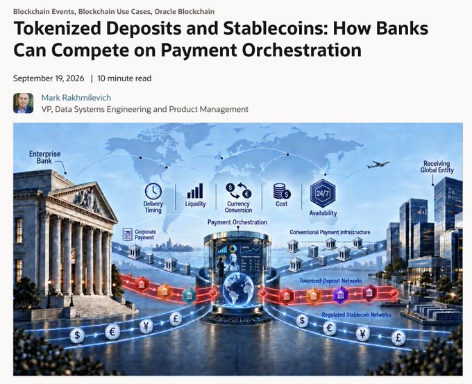 A blog article titled 'Tokenized Deposits and Stablecoins: How Banks Can Compete on Payment Orchestration' by Mark Rakhmilevich, dated September 19, 2026.