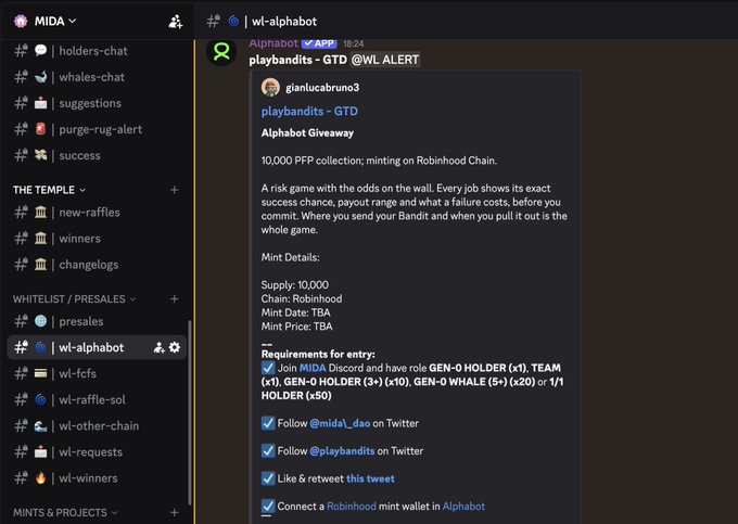 A Discord screenshot from the MIDA server's #wl-alphabot channel showing a PlayBandits mint alert with giveaway details for an Alphabot NFT collection of 10,000 supply on Robinhood Chain.