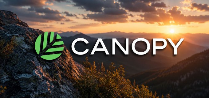 A promotional graphic featuring a green leaf logo next to the word "CANOPY" overlaid on a scenic mountain sunset landscape.