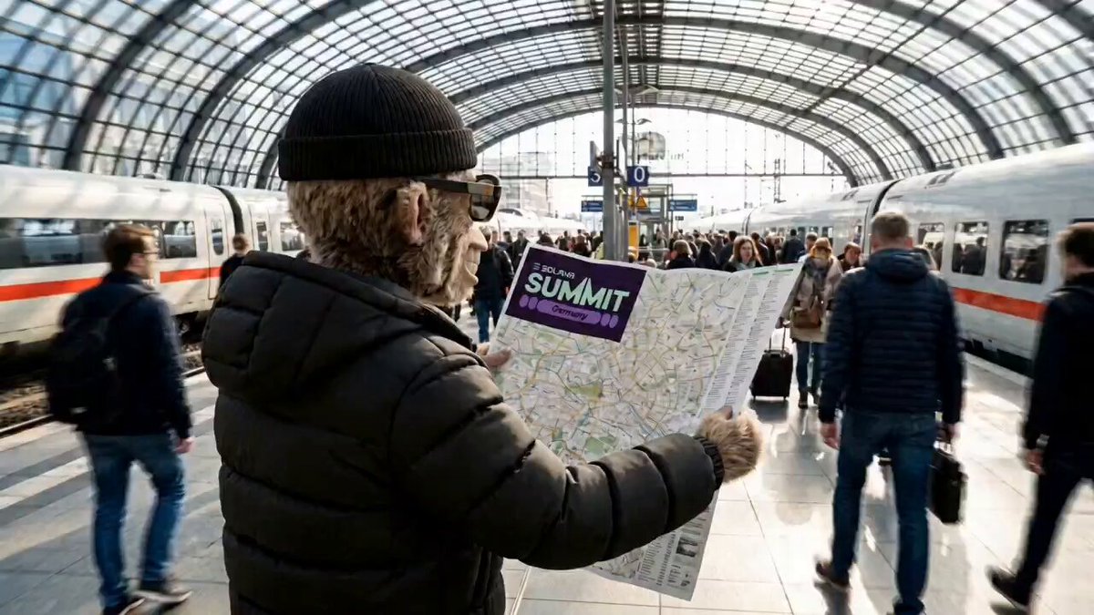 The image shows a man wearing glasses, holding a map of Europe at an airport terminal or train station. The man appears to be reading the sign that says "SUMMIT" above his head. There are several other people around him who seem to be waiting for their transportation as well. One person is carrying a backpack and another has a suitcase. The scene suggests that they might be travelers preparing for an event or journey, possibly attending a summit in Germany.