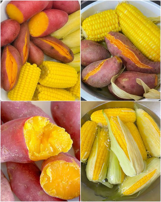 A four-panel collage showcases steamed red-skinned sweet potatoes with vibrant orange, fluffy flesh alongside bright yellow corn on the cob, some still partially wrapped in their husks, matching the post's description of a simple, comforting meal ("Khoai lang mật bở tan, bắp ngọt hạt chắc"). The hashtag "#bapsang #khoailang #thuba" reinforces this as a warm, traditional Vietnamese breakfast to start the Tuesday ("Sáng thứ 3") on a cozy note.