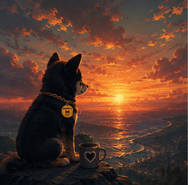 A digital illustration of a black dog wearing a gold chain with a 'HANYU' tag, sitting beside a mug with a heart, gazing at a sunset over a winding river.