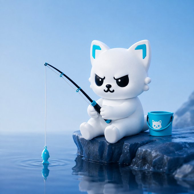 A 3D-rendered white cartoon cat with an angry expression holds a fishing rod while sitting on a rocky outcrop beside water, accompanied by a small blue bucket.