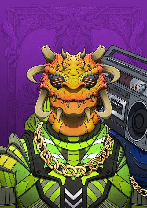 A stylized illustration of an orange, horned dragon-like character wearing sunglasses, a gold chain, and green striped armor, holding a large boombox against a purple patterned background.